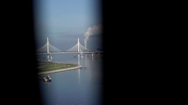 Western high-speed diameter ZSD in St. Petersburg, Russia. Road bridge over the Gulf of Finland and the Neva river. Expressway, freeway.