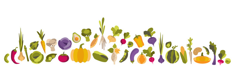Vector mega set with colorful flat vegetables set.  Mountain of healthy vegetables on a white background.