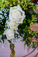 bright wedding bouquet of summer dahlias and roses