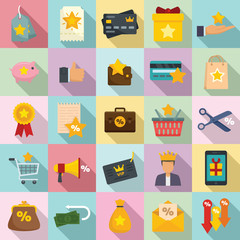 Loyalty program icons set. Flat set of loyalty program vector icons for web design