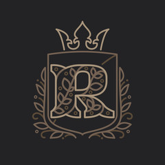 R letter logo consisting of floral pattern letters in a heraldic shield with crown.