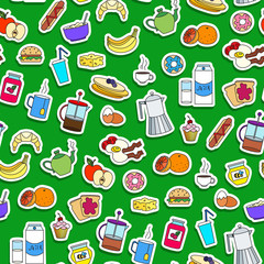 Seamless pattern on Breakfast and food theme, simple color sticker icons on a green background