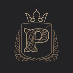 P letter logo consisting of floral pattern letters in a heraldic shield with crown.