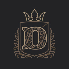 D letter logo consisting of floral pattern letters in a heraldic shield with crown.