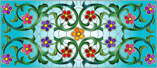 Naklejka premium Illustration in stained glass style with abstract swirls,flowers and leaves on a blue background,horizontal orientation