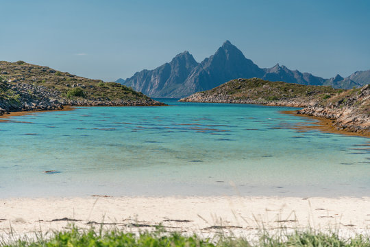 Lofoten beach in sunny summer day, Norway, Skrova island