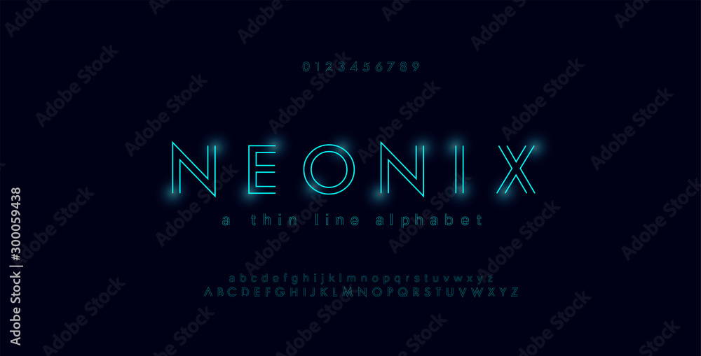 Poster abstract urban thin line font alphabet. minimal modern neon fonts and numbers. typography typeface u