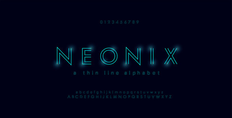 Abstract urban thin line font alphabet. Minimal modern neon fonts and numbers. Typography typeface uppercase lowercase and number. vector illustration - obrazy, fototapety, plakaty