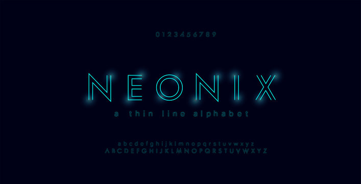 Abstract urban thin line font alphabet. Minimal modern neon fonts and numbers. Typography typeface uppercase lowercase and number. vector illustration