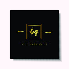 Letter handwriting B, BQ. in the box line gold colored, black background. Font and Gold Box line luxury. Vector logos for business, fashion, name cards, weddings, beauty, photography