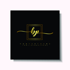 Letter handwriting B, BP. in the box line gold colored, black background. Font and Gold Box line luxury. Vector logos for business, fashion, name cards, weddings, beauty, photography