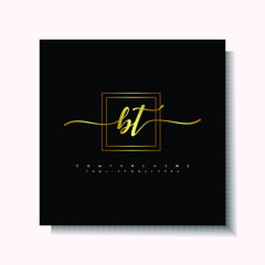 Letter handwriting B, BT. in the box line gold colored, black background. Font and Gold Box line luxury. Vector logos for business, fashion, name cards, weddings, beauty, photography