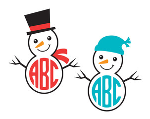 Cute snowman wearing winter hat and scarf monogram frame vector illustration.
