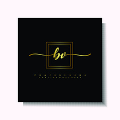 Letter handwriting B, BV. in the box line gold colored, black background. Font and Gold Box line luxury. Vector logos for business, fashion, name cards, weddings, beauty, photography