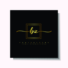 Letter handwriting B, BZ. in the box line gold colored, black background. Font and Gold Box line luxury. Vector logos for business, fashion, name cards, weddings, beauty, photography