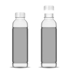 Cooking vegetable oil clear bottle isolated on white background, realistic mockup. Juice, water or other beverage transparent container with screw cap - open and closed, vector template