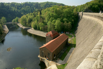 Hydroelectric power plant and dam on Bobr River in Pilchowice, Poland. Technical monument and tourist attraction. © fotokate