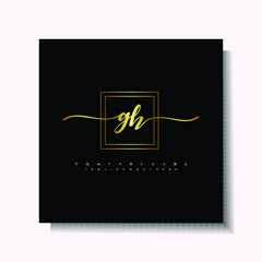 Letter handwriting G, GH in the box line gold colored, black background. Font and Gold Box line luxury. Vector logos for business, fashion, name cards, weddings, beauty, photography