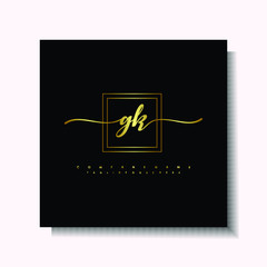 Letter handwriting G, GK in the box line gold colored, black background. Font and Gold Box line luxury. Vector logos for business, fashion, name cards, weddings, beauty, photography