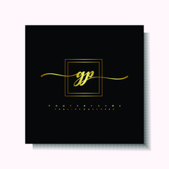 Letter handwriting A, AB. in the box line gold colored, black background. Font and Gold Box line luxury. Vector logos for business, fashion, name cards, weddings, beauty, photography