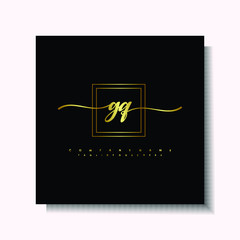 Letter handwriting G, GQ in the box line gold colored, black background. Font and Gold Box line luxury. Vector logos for business, fashion, name cards, weddings, beauty, photography