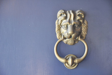 Golden lion door knocker mounted on dark door