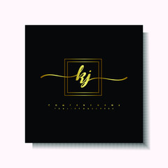 Letter handwriting K, KJ in the box line gold colored, black background. Font and Gold Box line luxury. Vector logos for business, fashion, name cards, weddings, beauty, photography