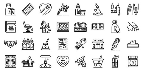 Tattoo studio icons set. Outline set of tattoo studio vector icons for web design isolated on white background
