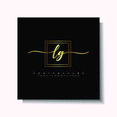 Letter handwriting L, LG in the box line gold colored, black background. Font and Gold Box line luxury. Vector logos for business, fashion, name cards, weddings, beauty, photography