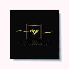 Letter handwriting M, MP in the box line gold colored, black background. Font and Gold Box line luxury. Vector logos for business, fashion, name cards, weddings, beauty, photography