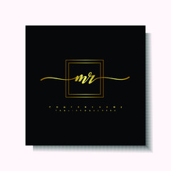 Letter handwriting M, MR in the box line gold colored, black background. Font and Gold Box line luxury. Vector logos for business, fashion, name cards, weddings, beauty, photography