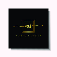 Letter handwriting M, MS in the box line gold colored, black background. Font and Gold Box line luxury. Vector logos for business, fashion, name cards, weddings, beauty, photography