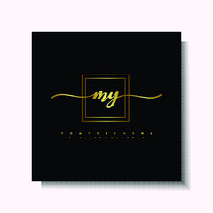 Letter handwriting M, MY in the box line gold colored, black background. Font and Gold Box line luxury. Vector logos for business, fashion, name cards, weddings, beauty, photography