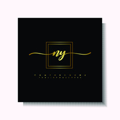Letter handwriting N, NY in the box line gold colored, black background. Font and Gold Box line luxury. Vector logos for business, fashion, name cards, weddings, beauty, photography
