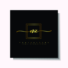 Letter handwriting N, NZ in the box line gold colored, black background. Font and Gold Box line luxury. Vector logos for business, fashion, name cards, weddings, beauty, photography