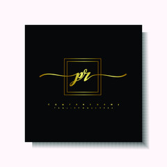 Letter handwriting P, PR in the box line gold colored, black background. Font and Gold Box line luxury. Vector logos for business, fashion, name cards, weddings, beauty, photography