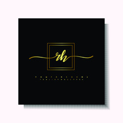 Letter handwriting R, RH in the box line gold colored, black background. Font and Gold Box line luxury. Vector logos for business, fashion, name cards, weddings, beauty, photography