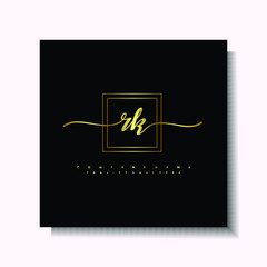 Letter handwriting R, RK in the box line gold colored, black background. Font and Gold Box line luxury. Vector logos for business, fashion, name cards, weddings, beauty, photography