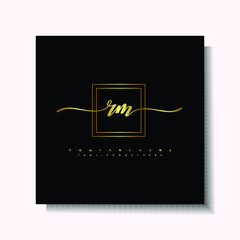 Letter handwriting R, RM in the box line gold colored, black background. Font and Gold Box line luxury. Vector logos for business, fashion, name cards, weddings, beauty, photography