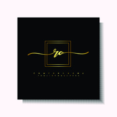 Letter handwriting R, RO in the box line gold colored, black background. Font and Gold Box line luxury. Vector logos for business, fashion, name cards, weddings, beauty, photography