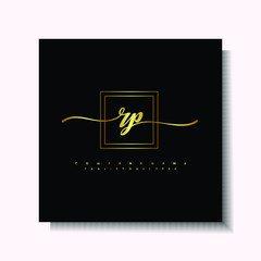 Letter handwriting R, RP in the box line gold colored, black background. Font and Gold Box line luxury. Vector logos for business, fashion, name cards, weddings, beauty, photography