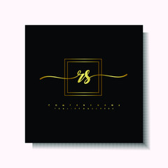 Letter handwriting R, RS in the box line gold colored, black background. Font and Gold Box line luxury. Vector logos for business, fashion, name cards, weddings, beauty, photography