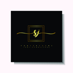 Letter handwriting S, SJ in the box line gold colored, black background. Font and Gold Box line luxury. Vector logos for business, fashion, name cards, weddings, beauty, photography