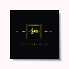 Letter handwriting S, SM in the box line gold colored, black background. Font and Gold Box line luxury. Vector logos for business, fashion, name cards, weddings, beauty, photography