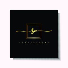 Letter handwriting S, SO in the box line gold colored, black background. Font and Gold Box line luxury. Vector logos for business, fashion, name cards, weddings, beauty, photography