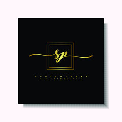 Letter handwriting S, SP in the box line gold colored, black background. Font and Gold Box line luxury. Vector logos for business, fashion, name cards, weddings, beauty, photography