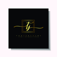 Letter handwriting T, TJ. in the box line gold colored, black background. Font and Gold Box line luxury. Vector logos for business, fashion, name cards, weddings, beauty, photography