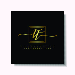Letter handwriting T, TT. in the box line gold colored, black background. Font and Gold Box line luxury. Vector logos for business, fashion, name cards, weddings, beauty, photography
