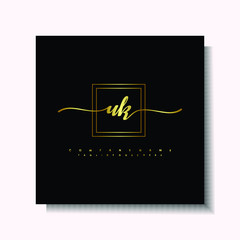 Letter handwriting U, UK. in the box line gold colored, black background. Font and Gold Box line luxury. Vector logos for business, fashion, name cards, weddings, beauty, photography