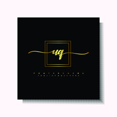 Letter handwriting U, UQ. in the box line gold colored, black background. Font and Gold Box line luxury. Vector logos for business, fashion, name cards, weddings, beauty, photography